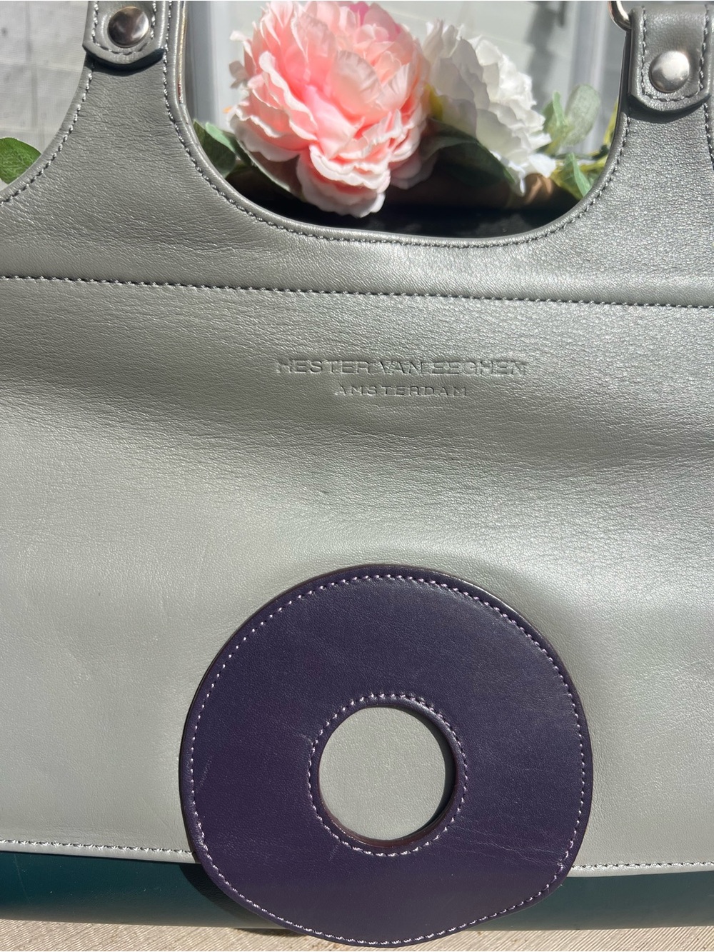 Grey Leather Tote with Purple Accent